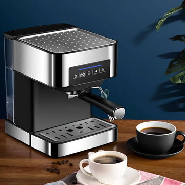 Modern stainless steel smart espresso machine with sleek black design, digital display, and steam milk frother for brewing