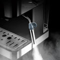 Stainless steel steam tube with gray silicone handle for milk foam on smart espresso machine with steam milk frother and digital display