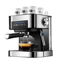 Stainless steel smart espresso machine with black accents and digital display brewing coffee with steam milk frother