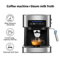 Smart espresso machine with steam milk frother featuring sleek stainless steel and black finish with digital display