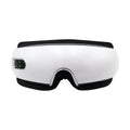 Smart eye massager in white and black with air bag technology, sleek curved design, digital display, and purple lighting