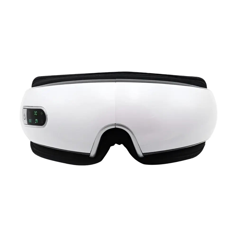 Smart eye massager in white and black with air bag technology, sleek curved design, digital display, and purple lighting