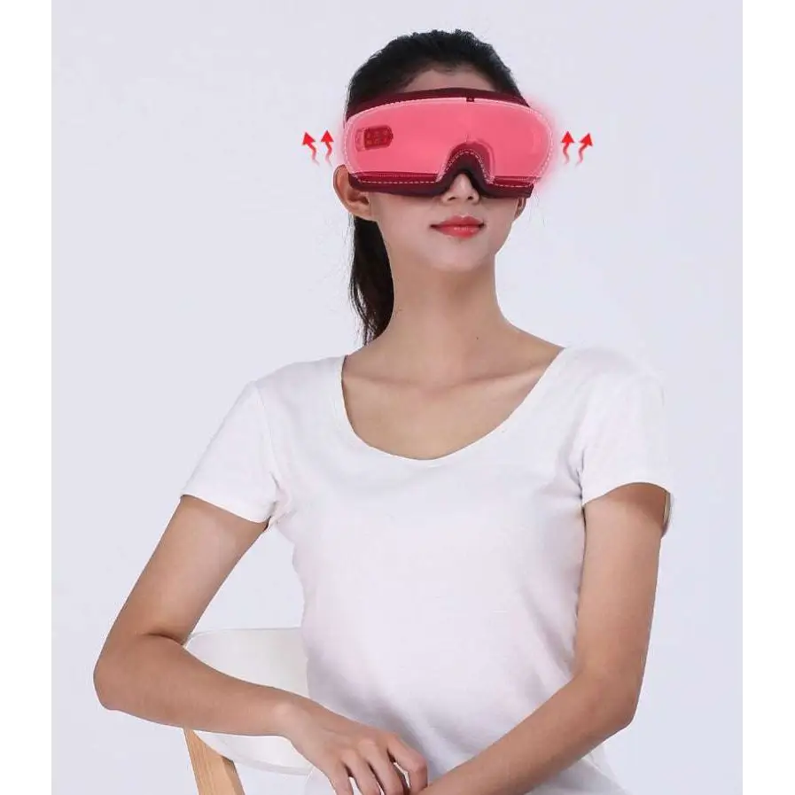 Smart eye massager in pink and black with air bag technology and purple lighting glowing with motion arrows
