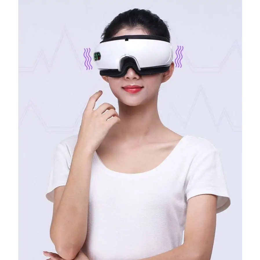 Smart eye massager with air bag technology and purple lighting in a sleek white and black ergonomic design