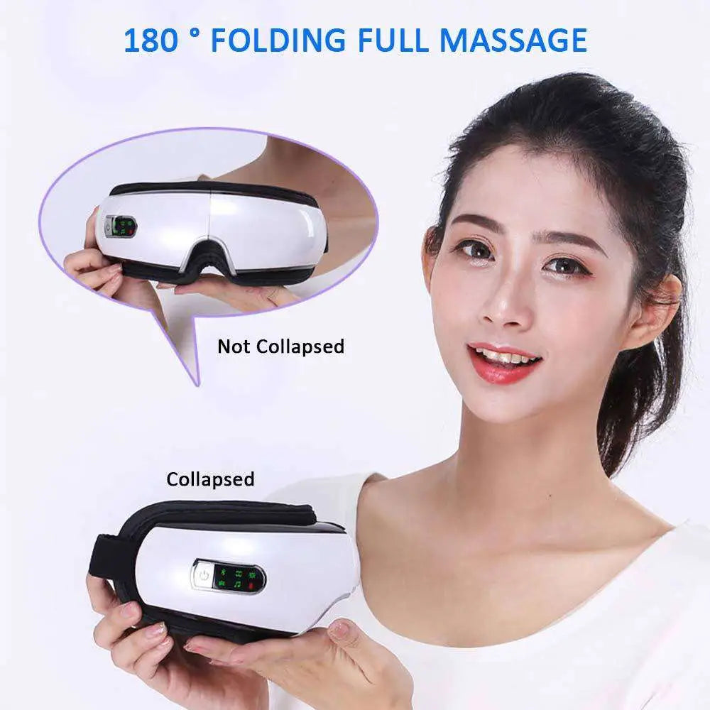 White and black smart eye massager with air bag technology 180° folding design and purple lighting digital display