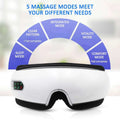 Smart eye massager with air bag technology, white and black design, purple lighting, and five massage modes for comfort