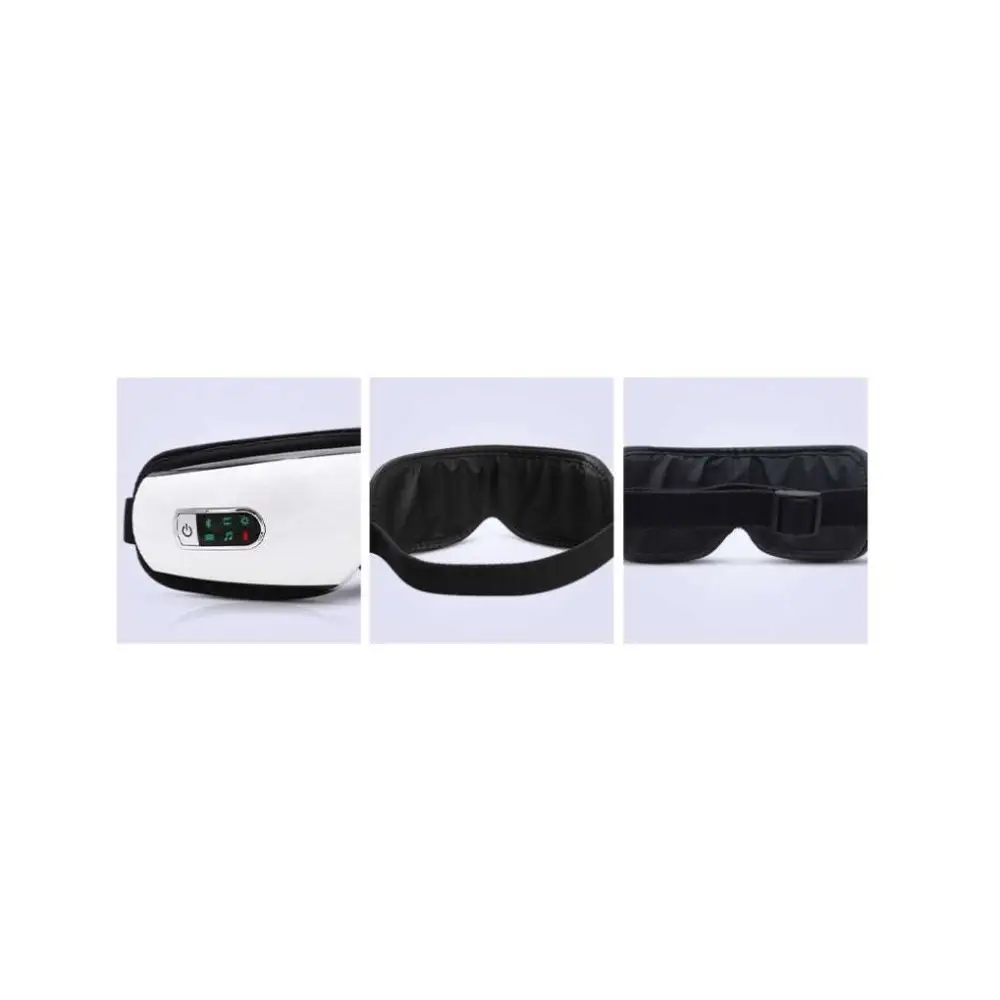 Smart eye massager in white and black with air bag technology control panel featuring green and red buttons and purple lighting