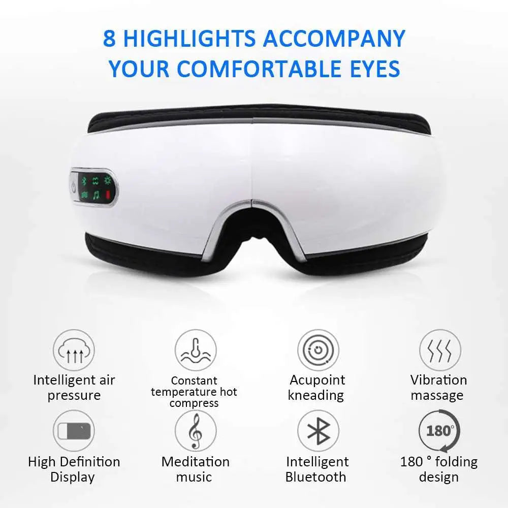 Smart eye massager with air bag technology white and black design featuring purple lighting and led display panel