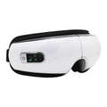 White and black smart eye massager with air bag technology purple lighting and control panel displaying green icons
