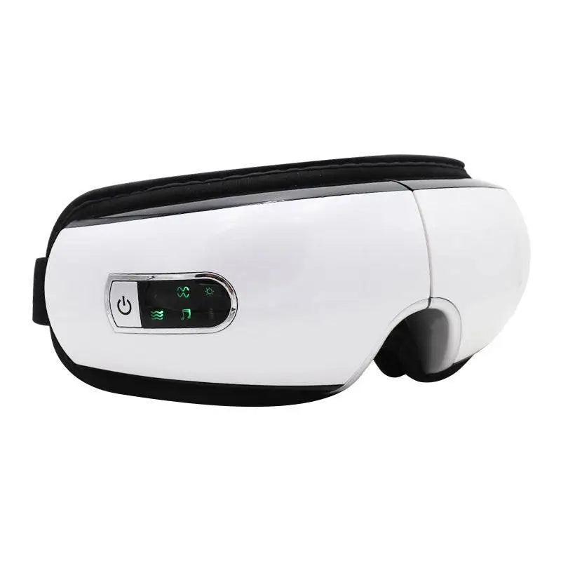 White and black smart eye massager with air bag technology purple lighting and control panel displaying green icons