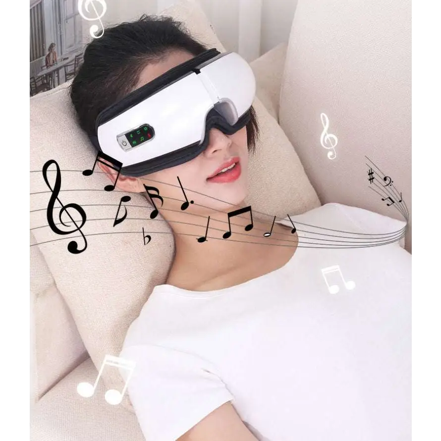White and black smart eye massager with air bag technology, purple lighting, sleek curved design, and side control panel
