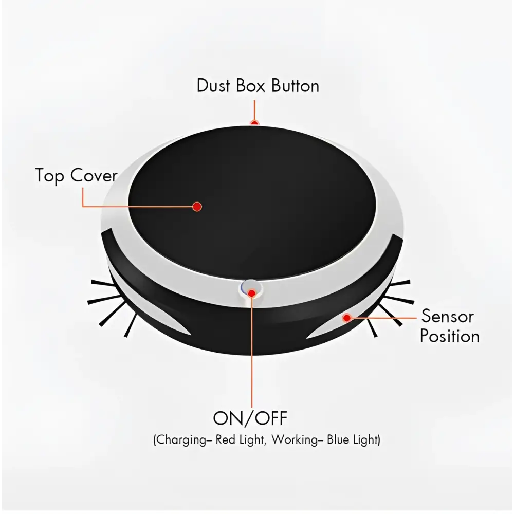Black and white circular home sweeping robot with brush rolls for efficient home sweeping and modern design