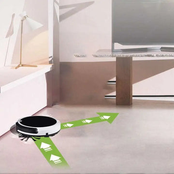 Black and white home sweeping robot with brush rolls designed for efficient home sweeping and cleaning tasks