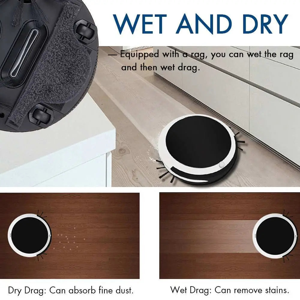 Black and white smart home sweeping robot with brush rolls and detachable wet dry cleaning head for efficient home sweeping
