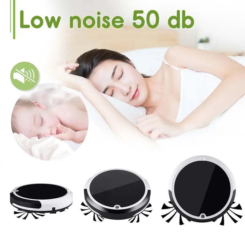 Black and white home sweeping robot with brush rolls designed for efficient home sweeping and cleaning tasks