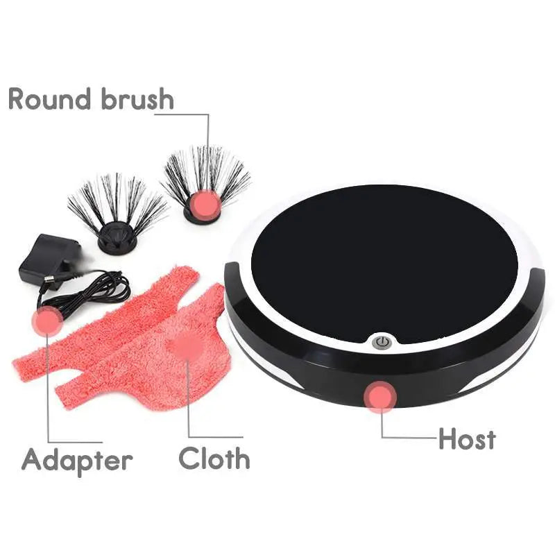 Black and white circular smart home sweeping robot with brush rolls for efficient home sweeping and modern design