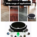 Black and white smart home sweeping robot with brush rolls and circular brush border for efficient home sweeping