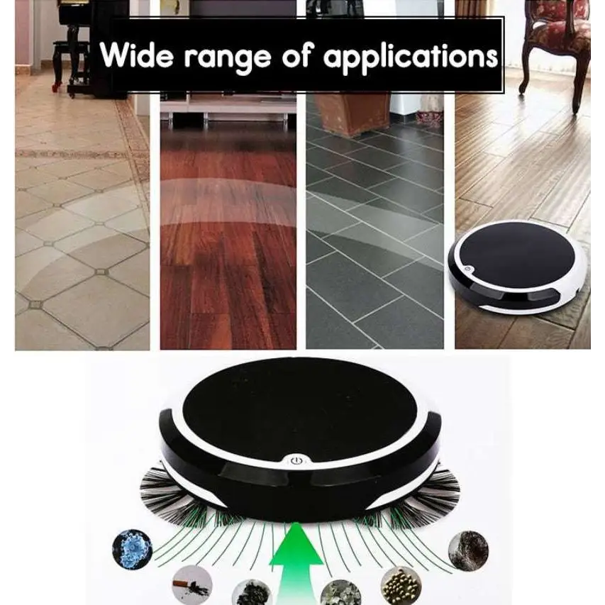 Black and white smart home sweeping robot with brush rolls and circular brush border for efficient home sweeping