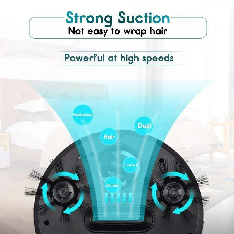 Black circular smart home sweeping robot with brush rolls showing suction capturing hair dust and particles for efficient home sweeping