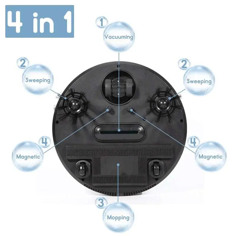 Black smart home sweeping robot with dual brush rolls and magnetic side attachments for efficient home sweeping