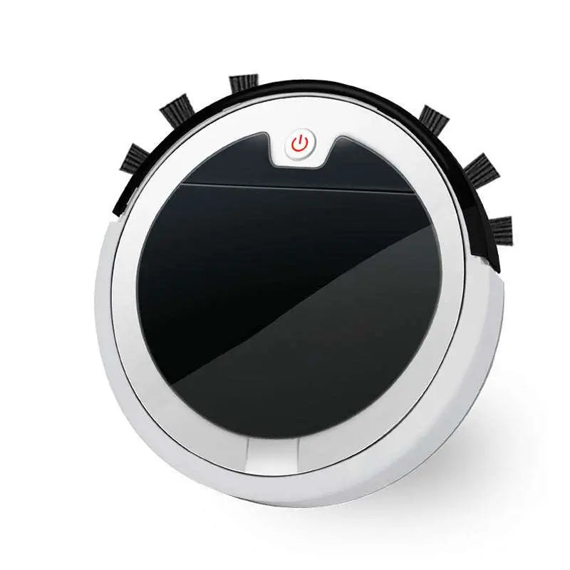White and black home sweeping robot with glossy finish and brush rolls for efficient home sweeping use
