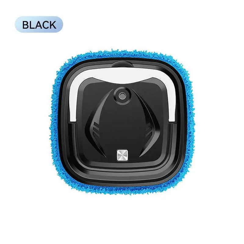Black robotic humidifier mopping machine with blue microfiber cleaning pad and white accents for dry humidifier mopping