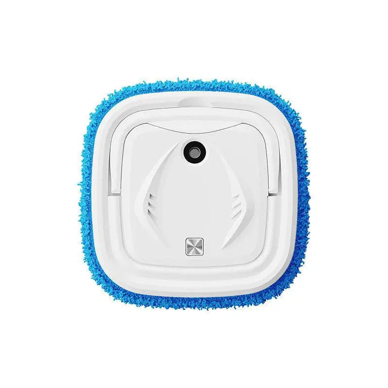 Smart home wet and dry humidifier mopping machine with white robotic cleaner and blue microfiber cleaning pad