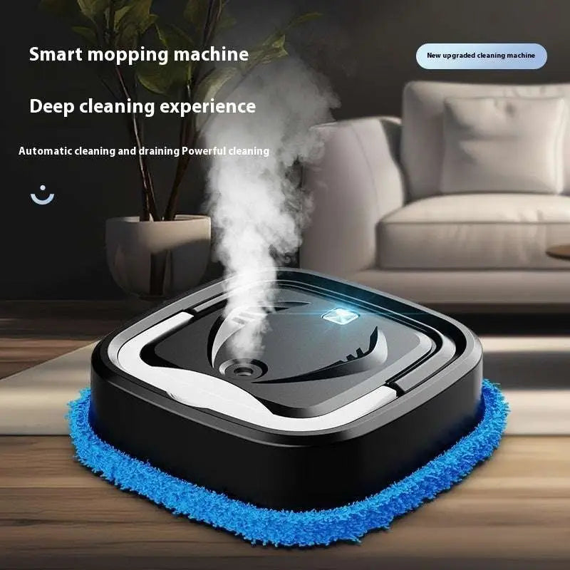 Black and silver humidifier mopping machine with blue microfiber mop head emitting steam for wet and dry humidifier mopping