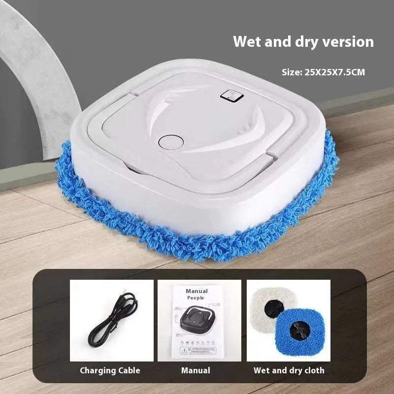 White square-shaped smart home wet and dry humidifier mopping machine with blue microfiber cleaning pad around its base