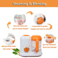 Orange and white smart multi-function baby food processor with transparent blending container for baby food preparation