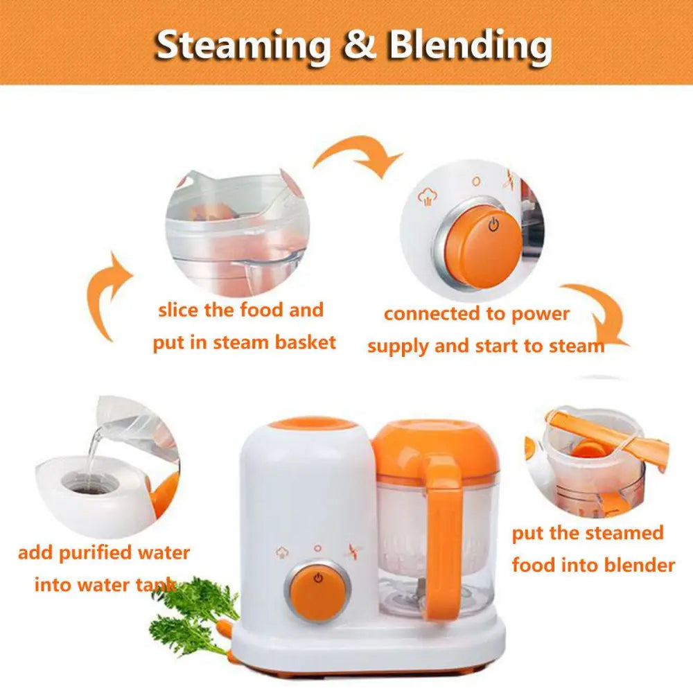 Orange and white smart multi-function baby food processor with transparent blending container for baby food preparation