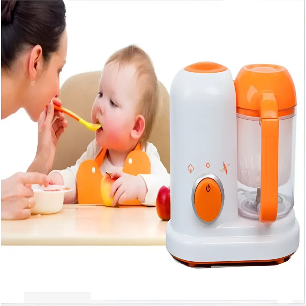 Orange and white smart multi-function baby food processor with transparent container and handle for baby food preparation