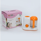 Orange and white smart multi-function baby food processor with a clear glass container for baby food preparation