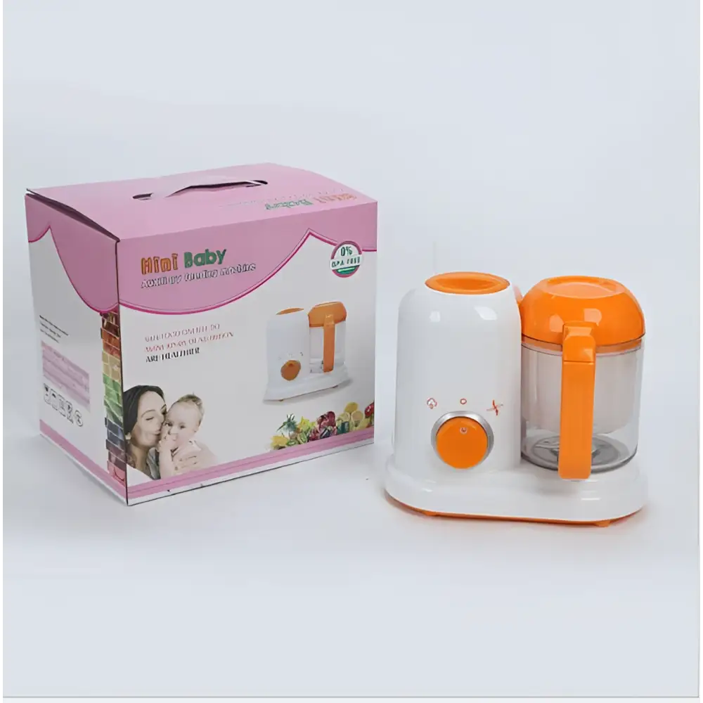 Orange and white smart multi-function baby food processor with a clear glass container for baby food preparation