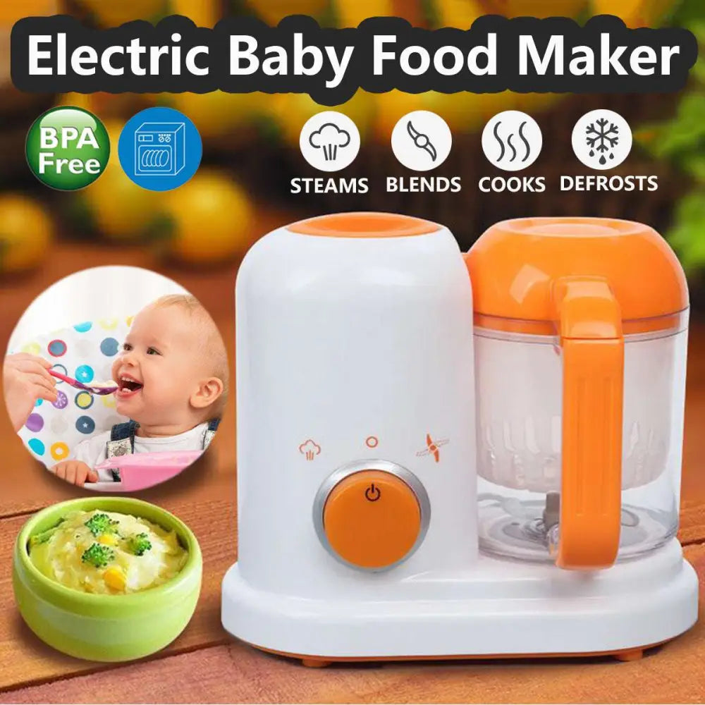 White and orange electric baby food processor with clear blending jar for smart multi-function baby food preparation