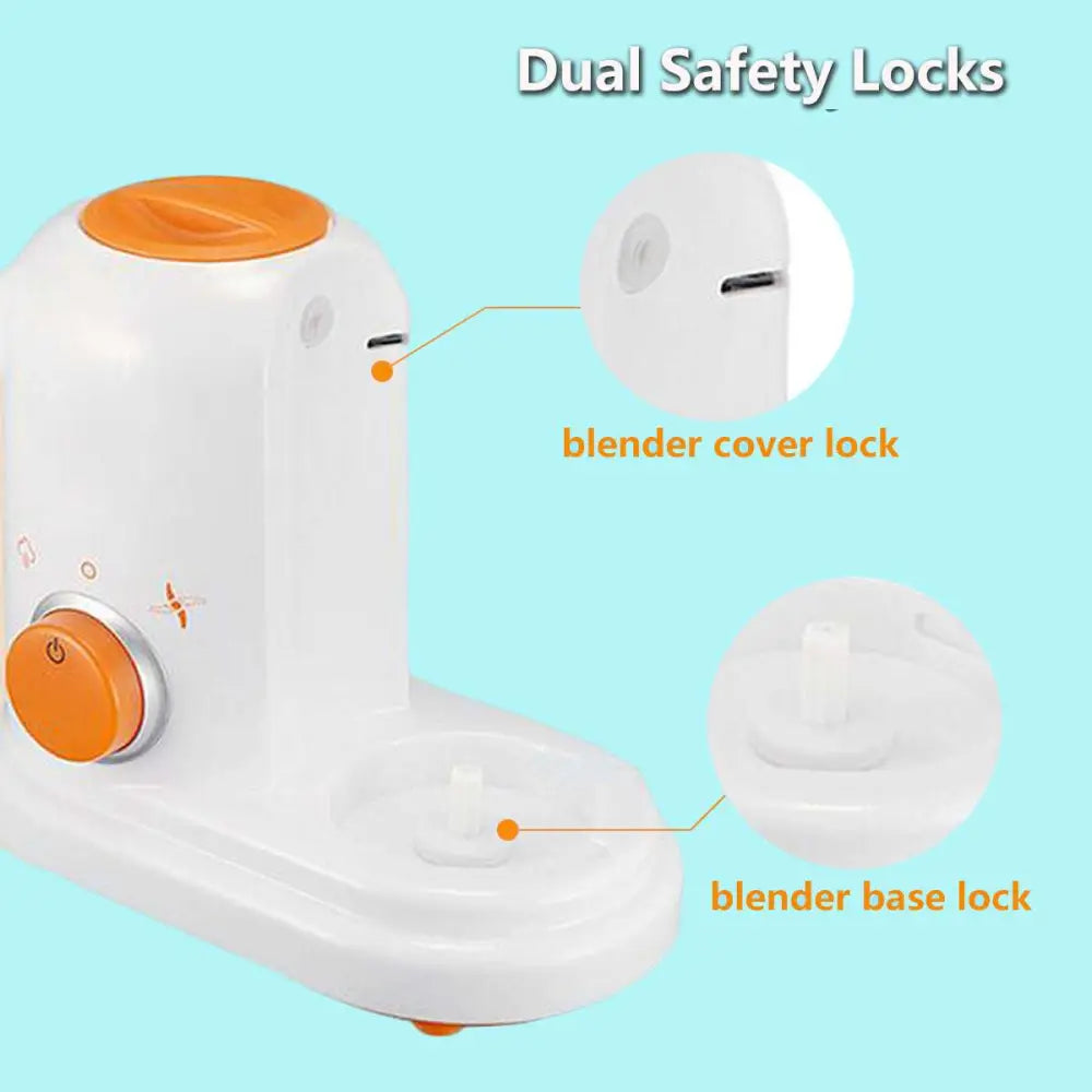 White and orange smart multi-function baby food processor with dual safety locks for baby food preparation