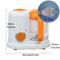 White and orange smart multi-function baby food processor with clear glass container and silver power button for baby food preparation