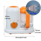 White and orange smart multi-function baby food processor with clear glass container and silver power button for baby food preparation