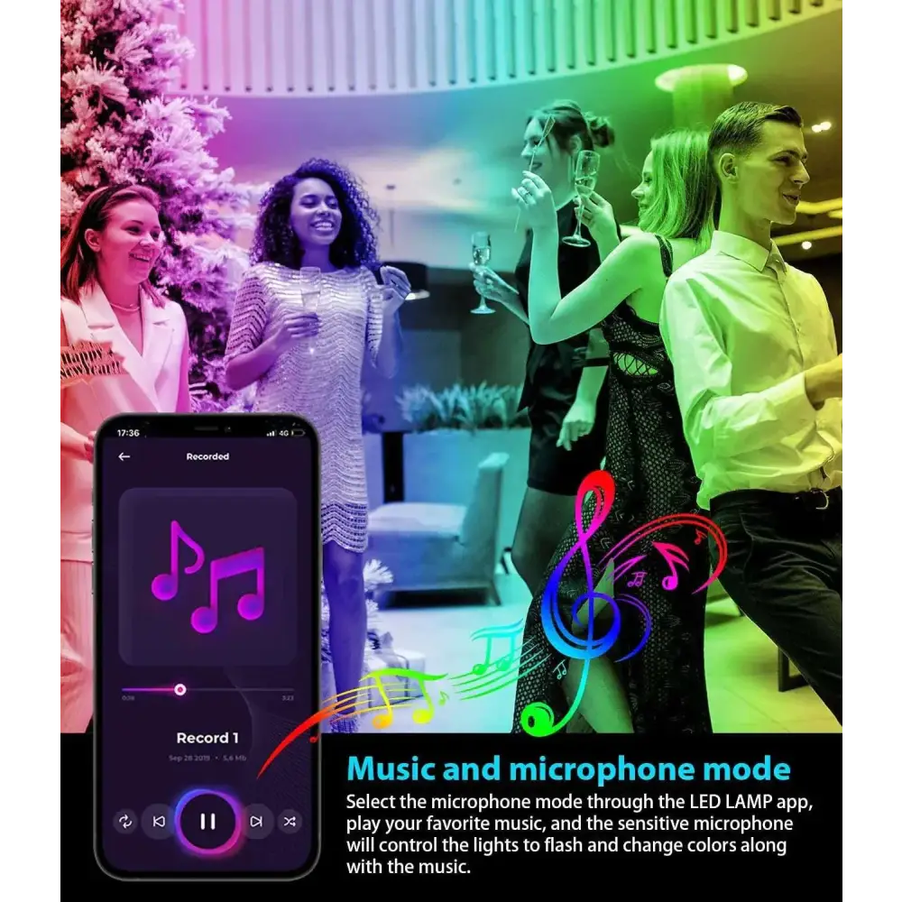 A sleek black smartphone showing rgb music sync interface for smart led string music sync Christmas lights
