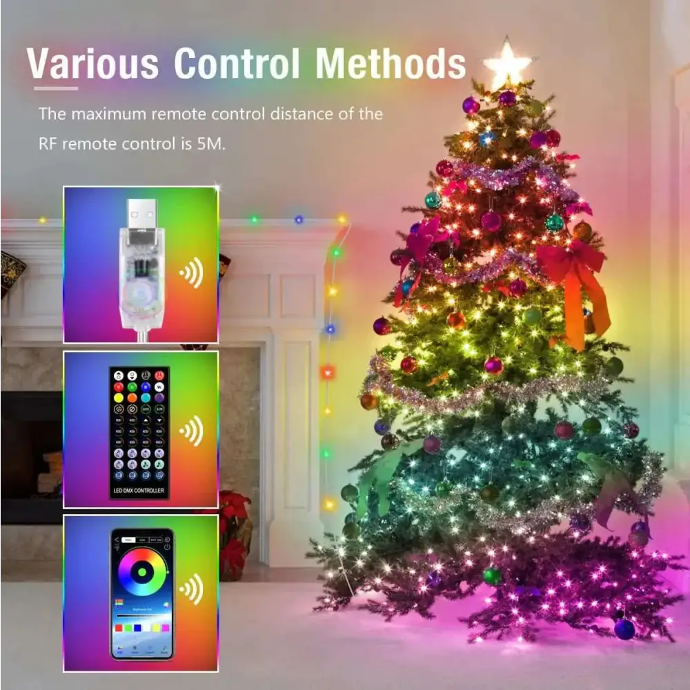 A vibrant christmas tree decorated with smart rgb music sync led string lights and festive colorful ornaments