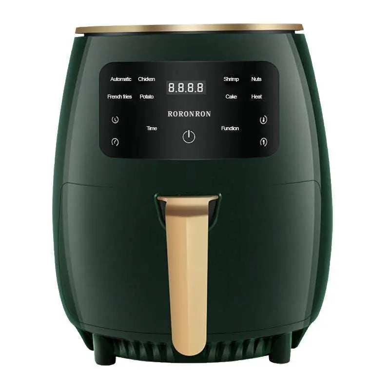 Smart touch air fryer royale essence lux in dark green with gold accents and digital display featuring 7-day satisfaction promise