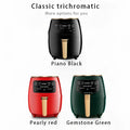 Smart touch air fryer with digital display in piano black pearly red and gemstone green finishes by royale essence lux