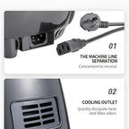 Black plastic power cord and cooling vent on the back of a royale essence lux smart touch air fryer with digital display