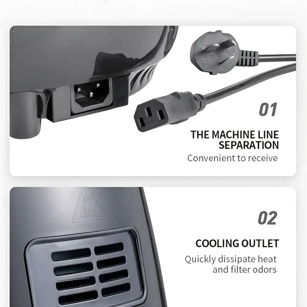 Black plastic power cord and cooling vent on the back of a royale essence lux smart touch air fryer with digital display
