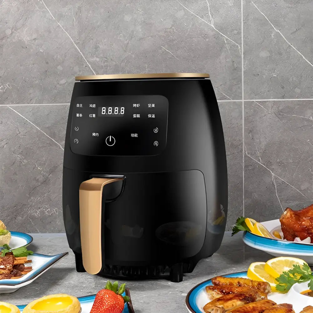 Smart touch air fryer with digital display in black with gold accents from royale essence lux featuring 7-day satisfaction promise