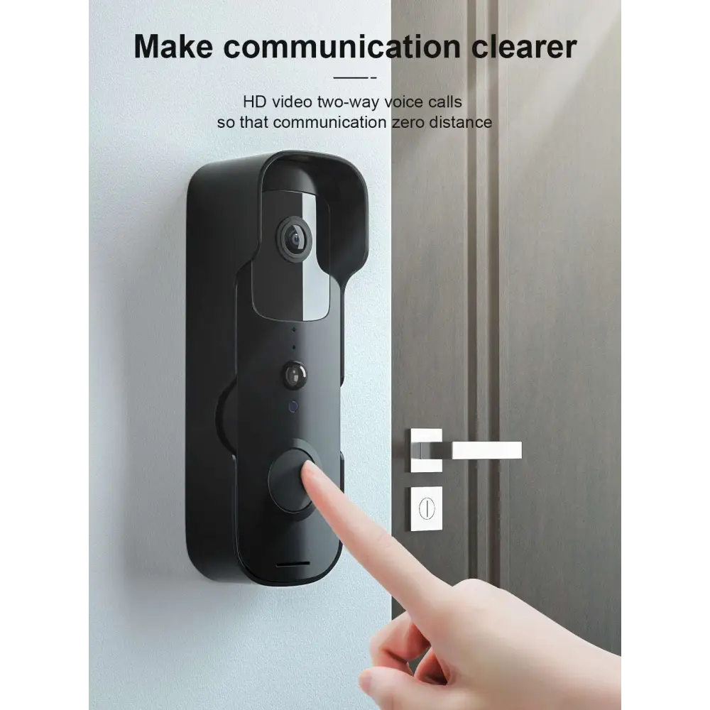 Black sleek smart wifi doorbell video doorbell intercom with hd video and two-way mobile phone connectivity feature