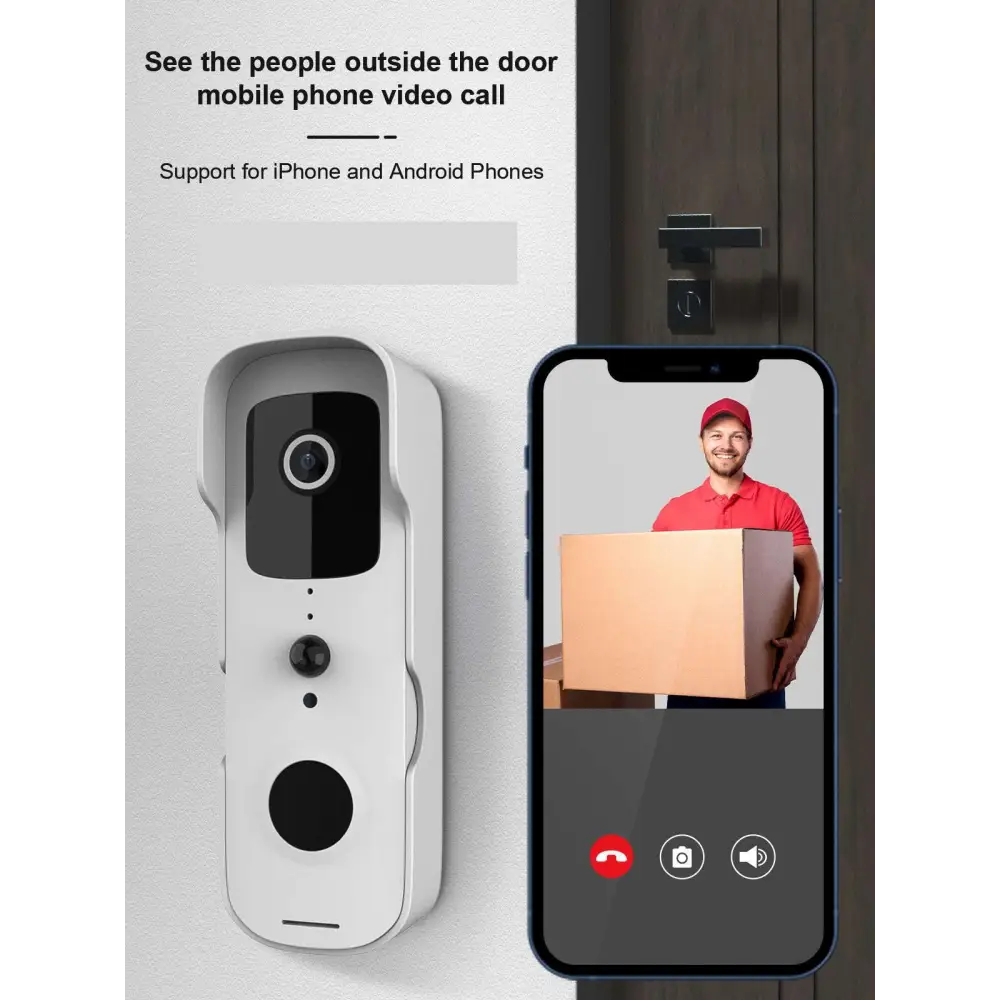 White smart wifi doorbell video doorbell intercom with black camera lens and mobile phone connectivity for iphone and android