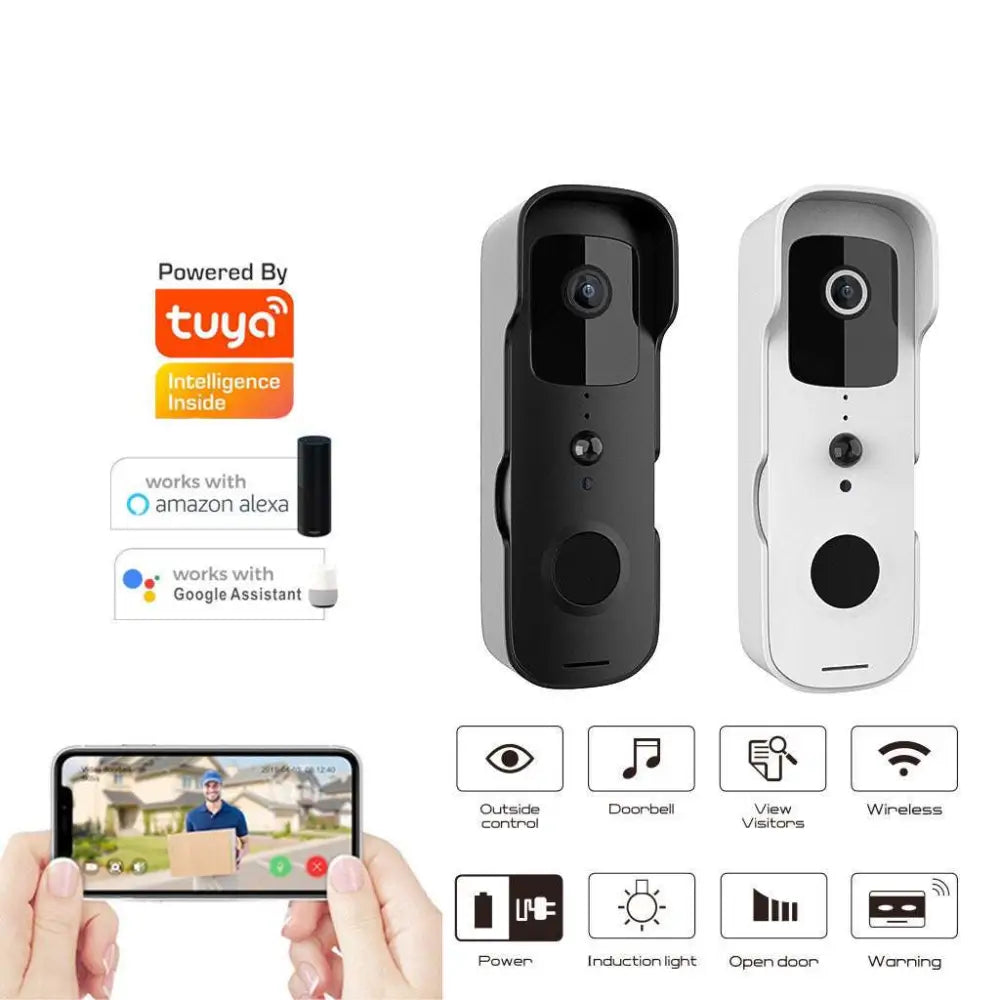 Black and white smart wifi doorbell with camera speaker and button for video doorbell intercom and mobile phone connectivity