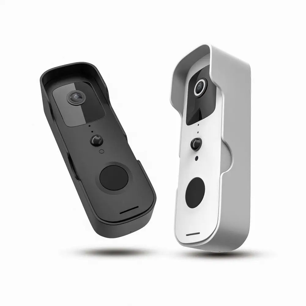 Modern smart wifi video doorbell intercom in black and white with compact rectangular design and mobile phone connectivity
