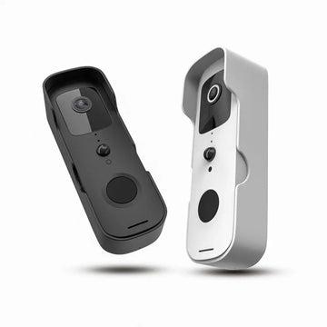 Modern smart wifi video doorbell intercom in black and white with compact rectangular design and mobile phone connectivity